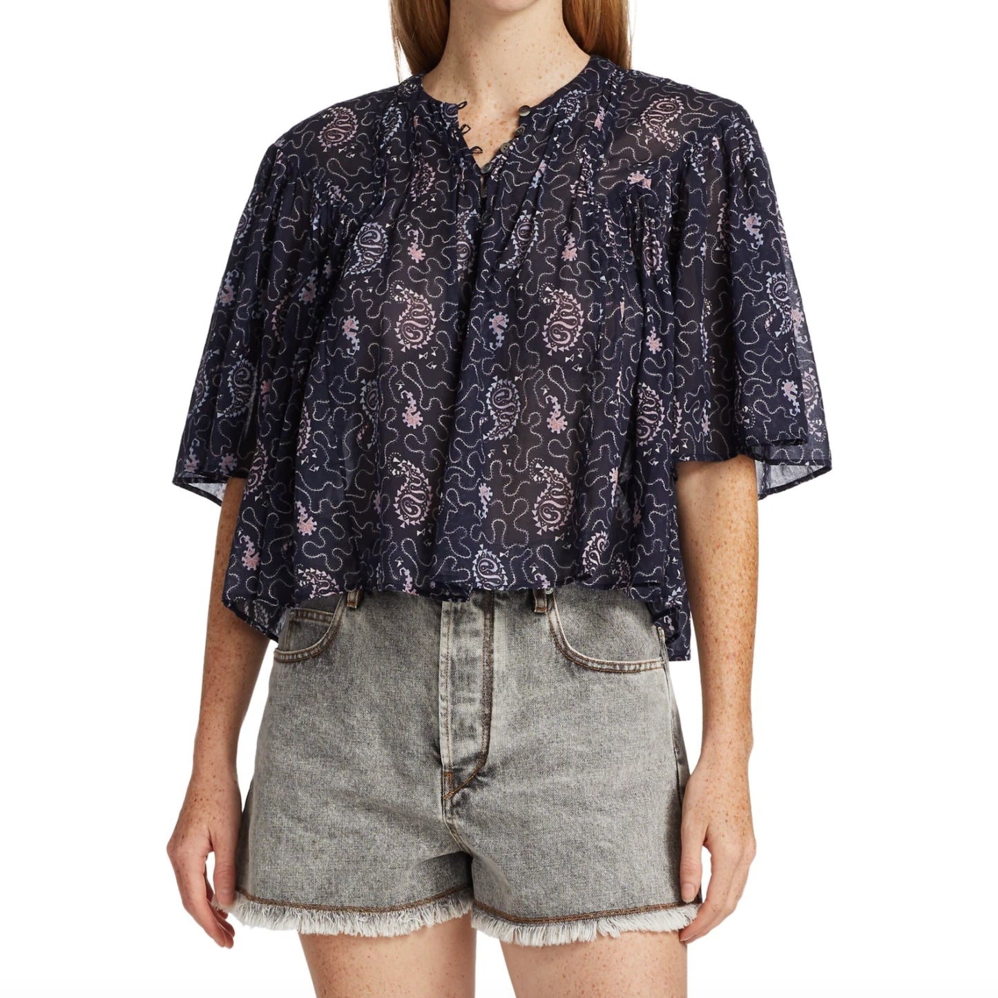 Isabel Marant Etoile "Algari" Printed Cotton Blouse in Purple, size 36 (size small)
