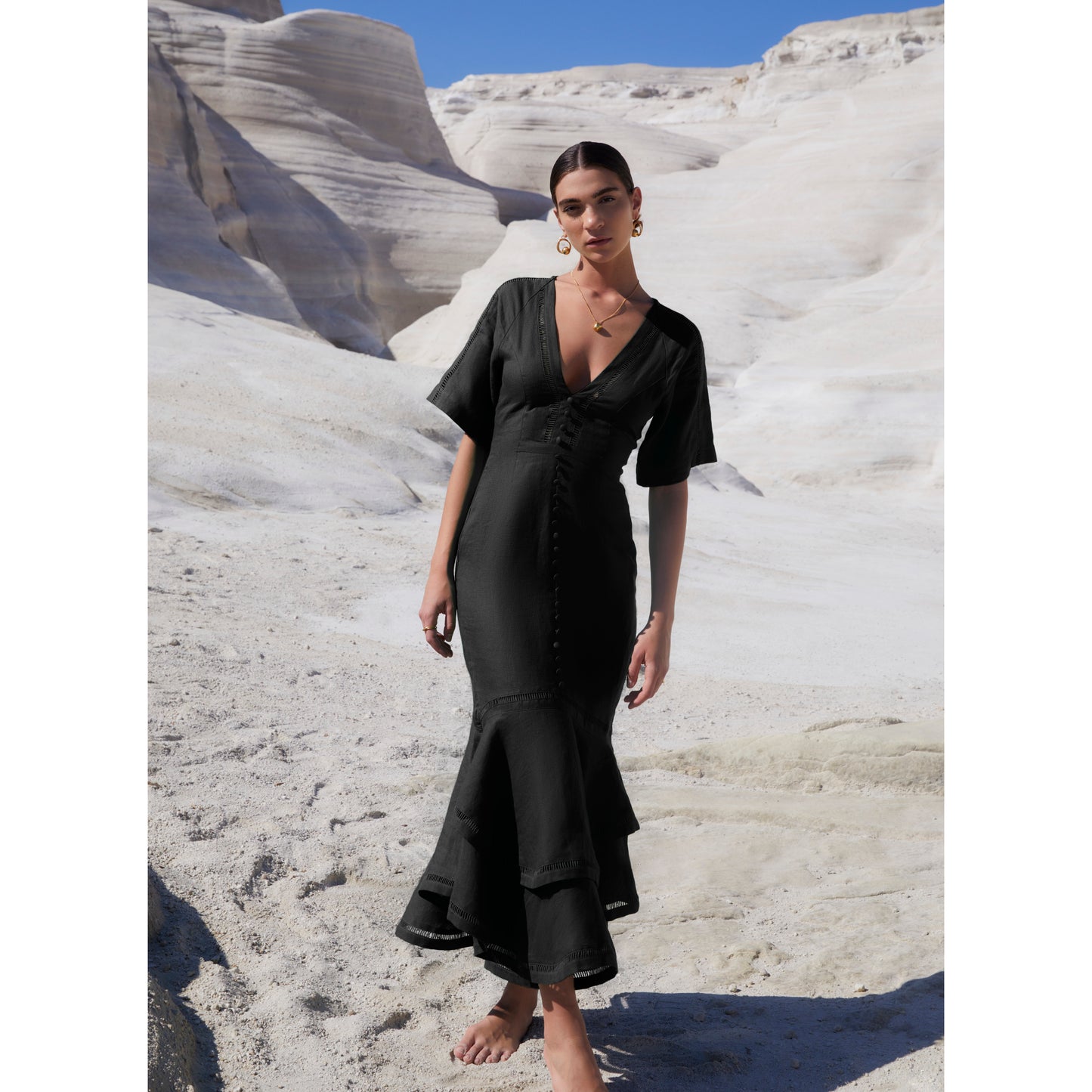 JOSLIN Mavis Ruffled Lace-Trimmed Dress in Black, size 8US/12UK