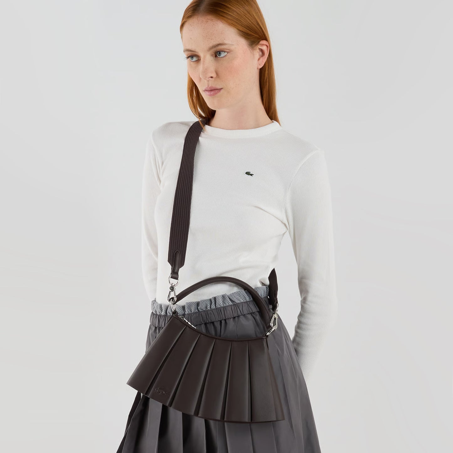 Lacoste Small "Lenglen" Pleated Leather Bag in Brown