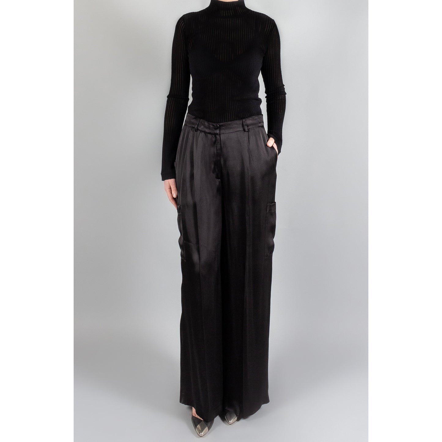 LouLou Studio "Carmel" Black Satin Cargo Pants, size Medium