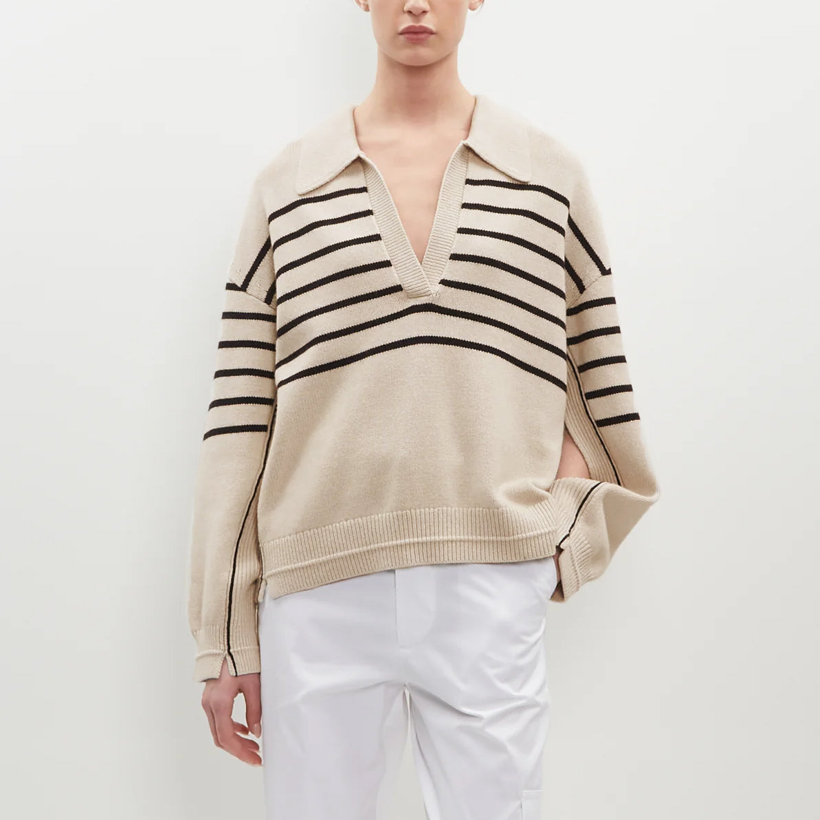 Maria McManus Split Sleeve Striped Sweater in Beige/Navy, size Large