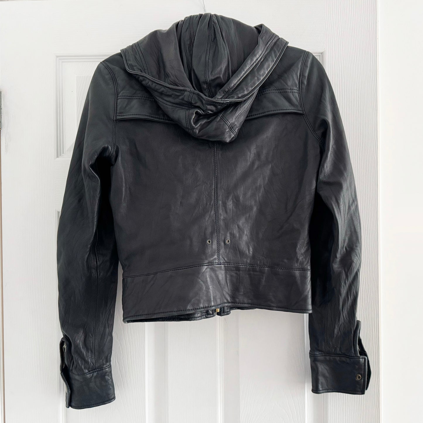 Mike & Chris Hooded Leather Bomber Jacket, size Medium (fits S/M)
