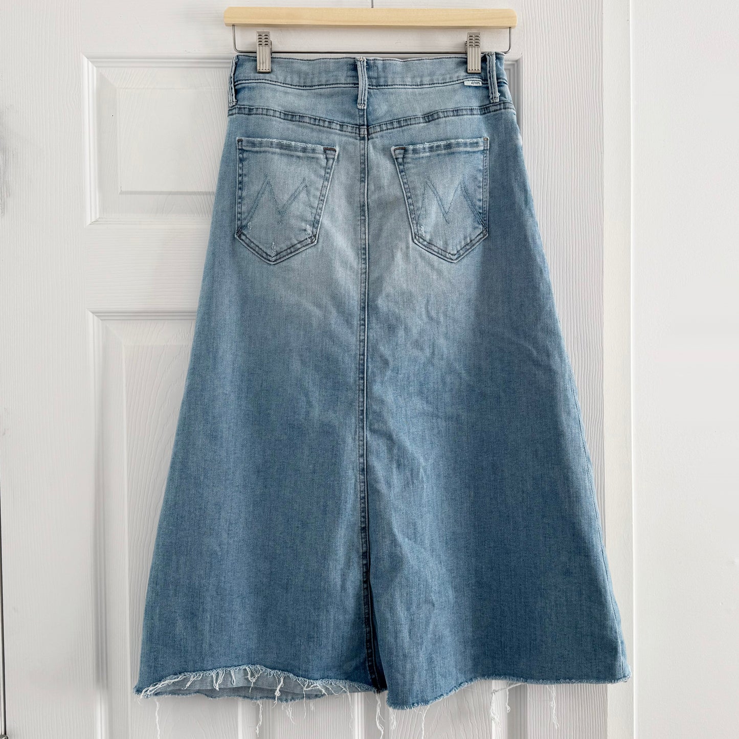 Mother "Circle Midi Fray" Denim Skirt in "Crossroads", size 27