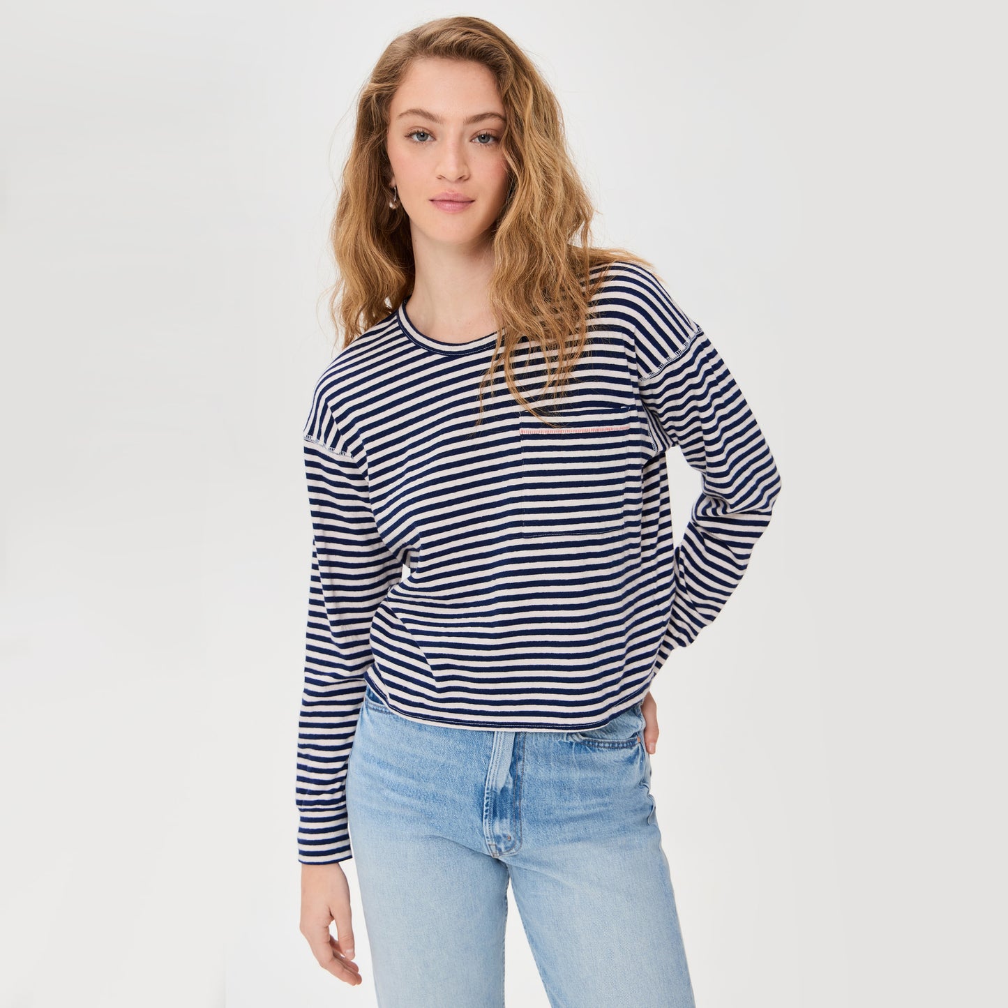 Mother "Dugout Scoop Pocket" Striped Tee in Navy/White, size Small