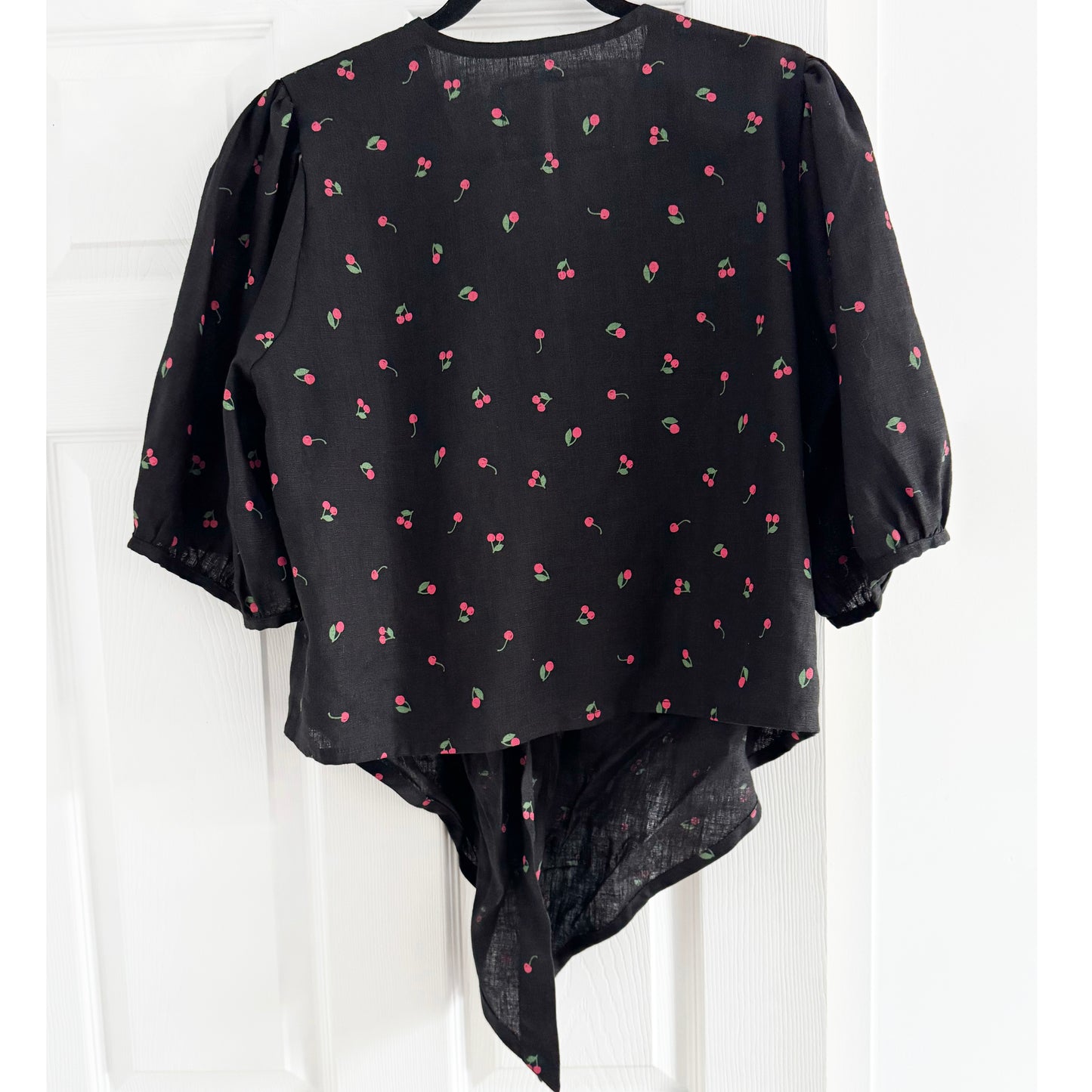 Not Perfect Linen Cherry Print Shirt in Black, size XXL (fits L-XL)