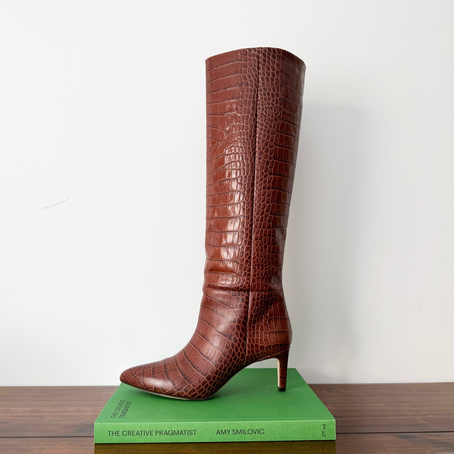 Paris Texas Croc-Embossed Leather Heeled Knee-High Boots in Tan Brown, size 37