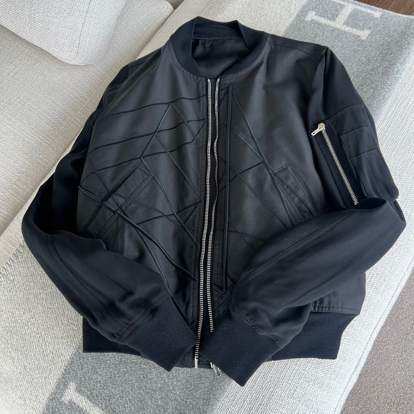 Rick Owens "Babel" Geometric Black Bomber Jacket, size 8US