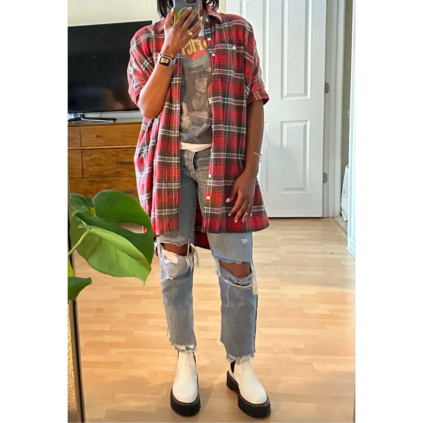 R13 Oversize Plaid Shirtdress in Red, size XXS (fits oversize)