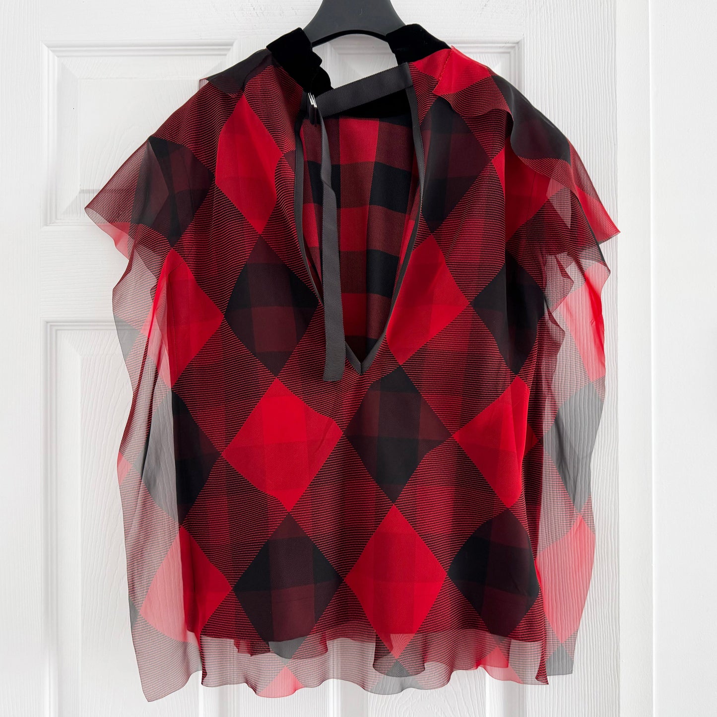 Sacai Buffalo Plaid Overlay Top in Red/Black, size "2" (Size Small)