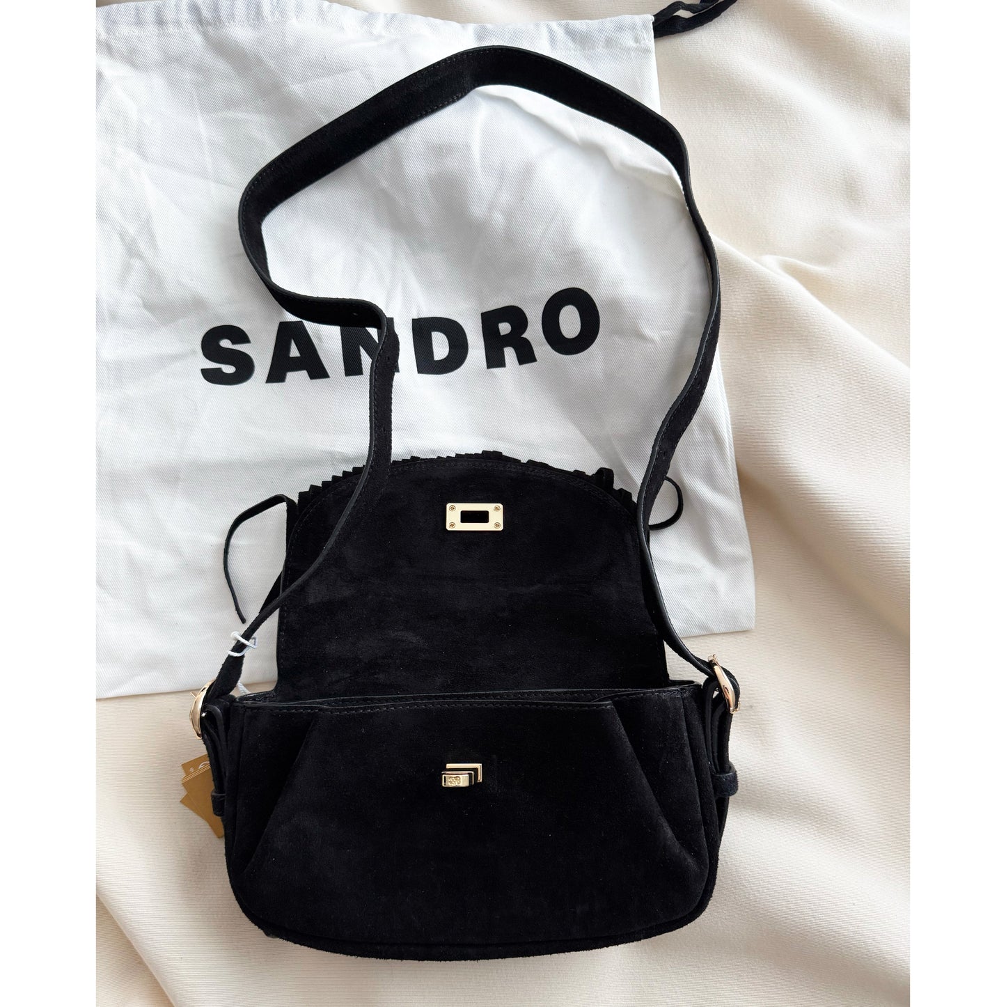 Sandro "Mini Mambo" Fringed Suede Bag in Black