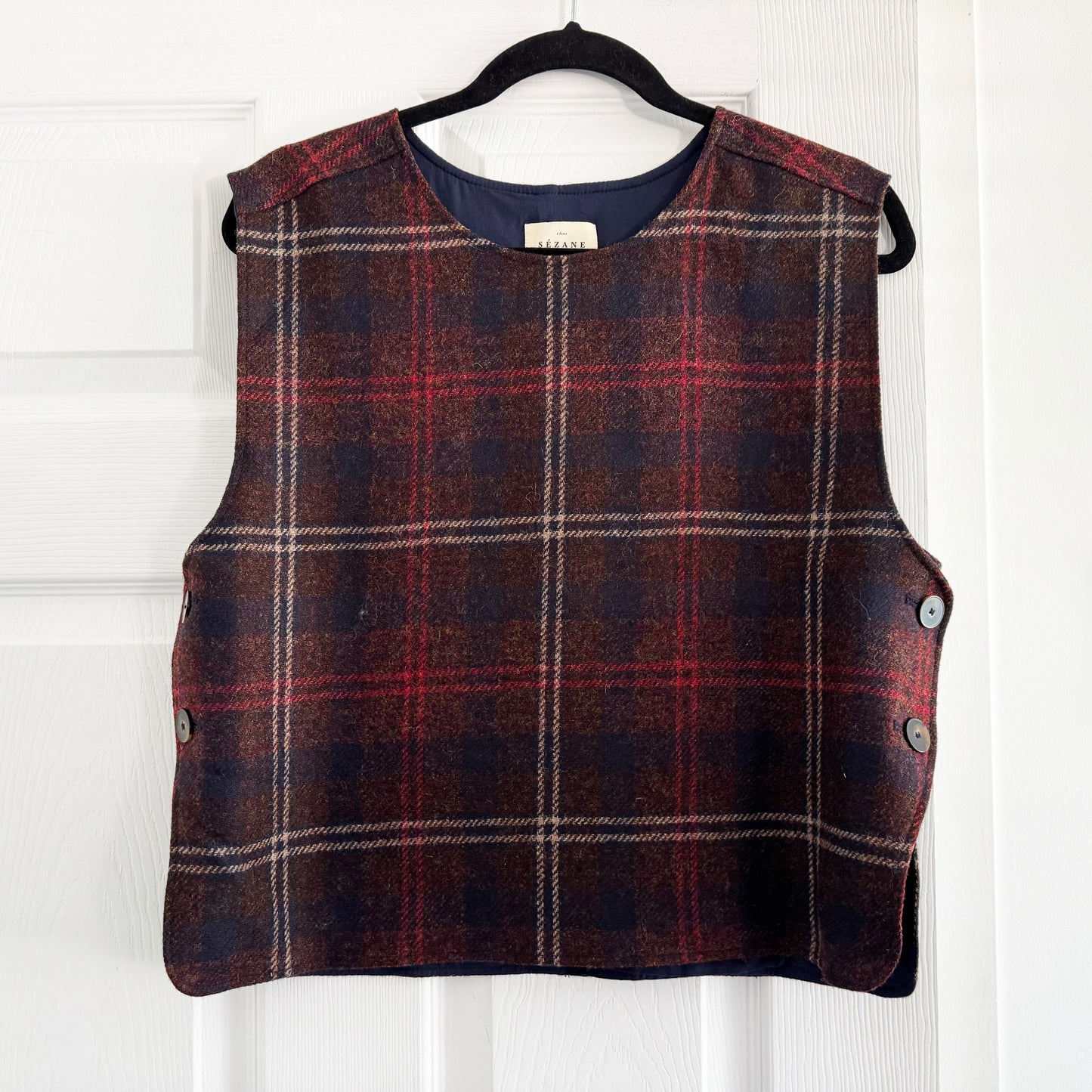 Sezane "Aaron" Plaid Vest in Maroon, size 36 (Size Small)