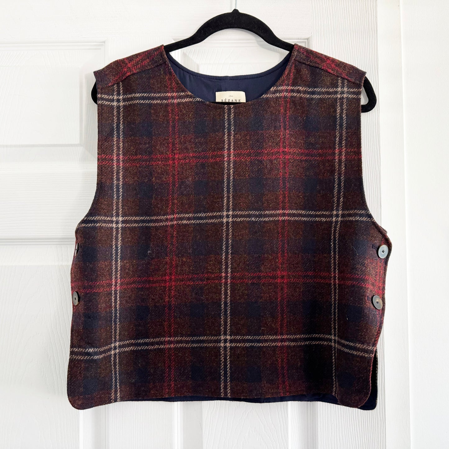 Sezane "Aaron" Plaid Vest in Maroon, size 36 (Size Small)