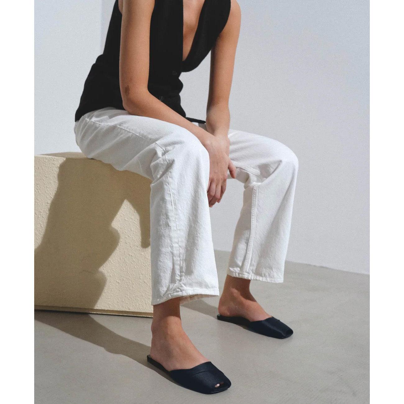 The Row "Milla" Satin Slides in Navy, size 39.5