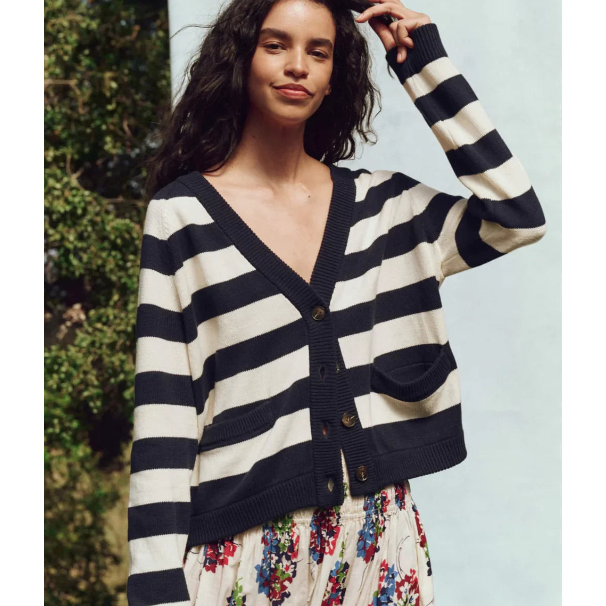 The Great "Varsity" Cardigan in Navy/Ecru Stripe, size "2" (Medium, fits M/L)