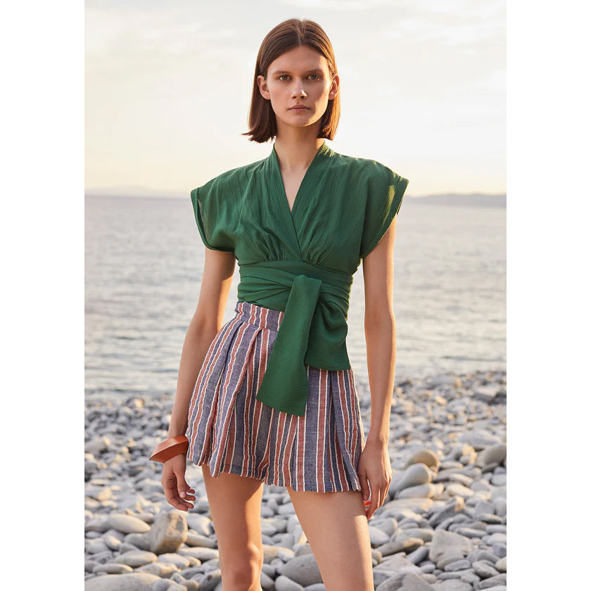 THREE GRACES LONDON "Kilman" Striped Linen-blend Shorts, size 4US/8UK (fits like US size 2)