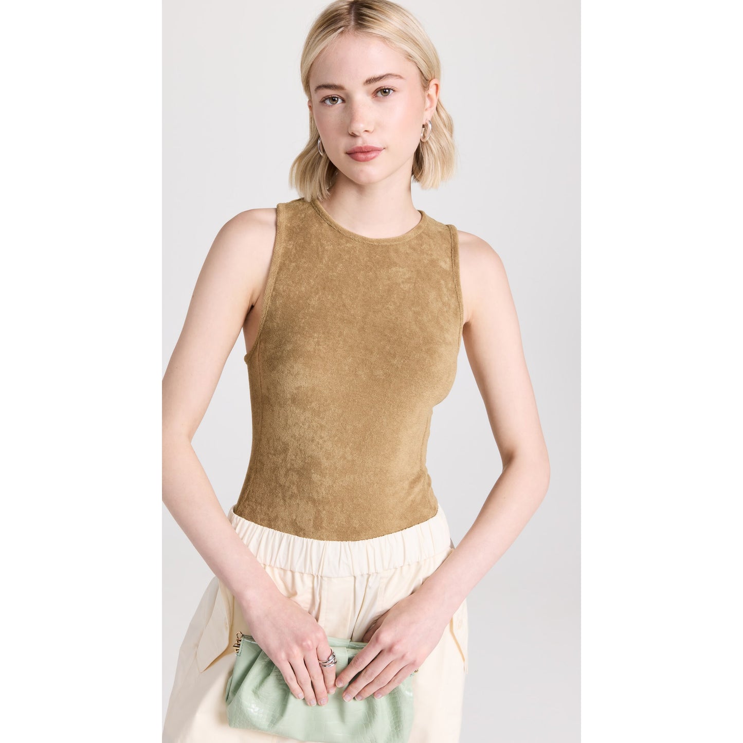 Tibi Summer Terry Crewneck Racerback Bodysuit in "Cumin", size Medium