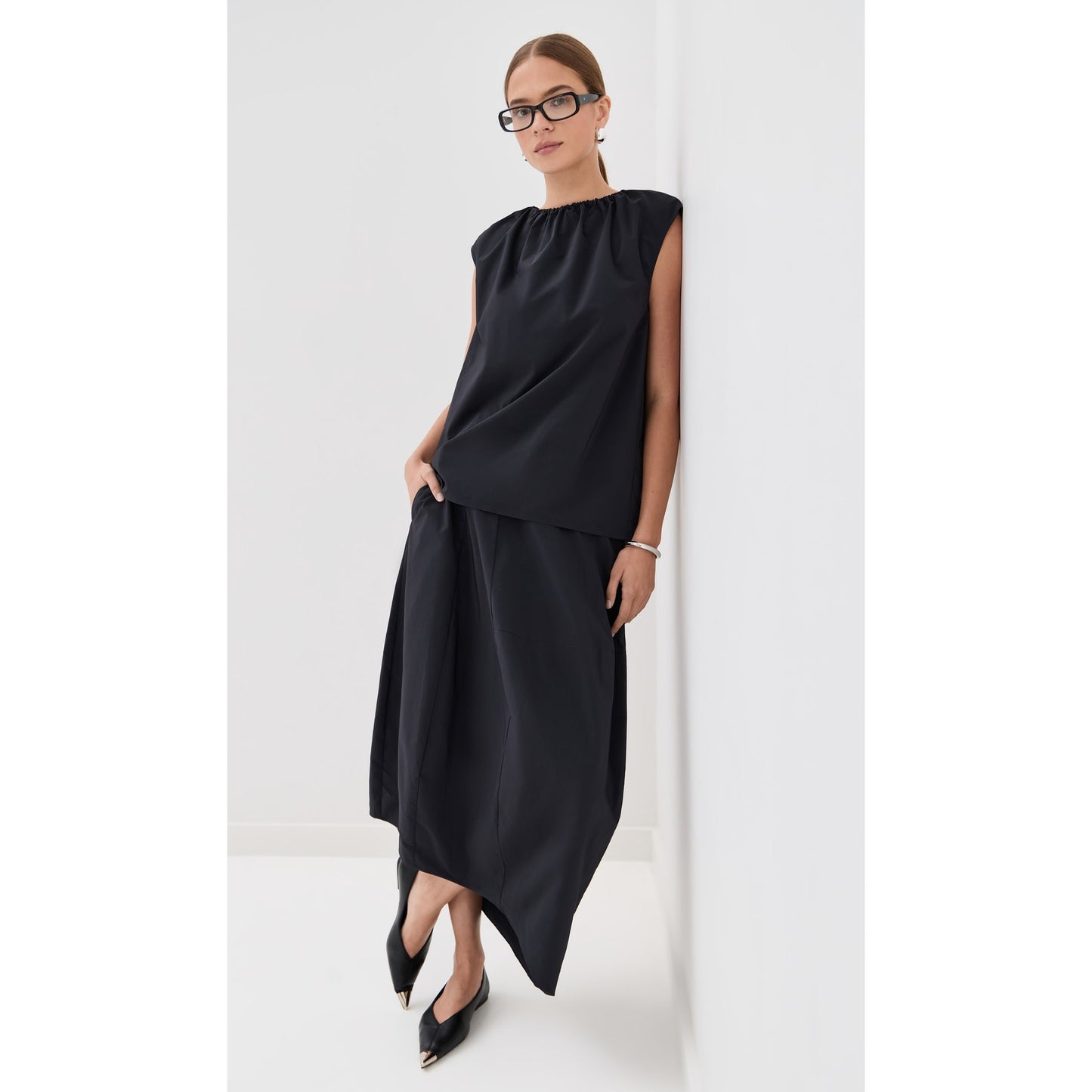 Tibi Nylon Shirred Neck Top in Black, size Medium