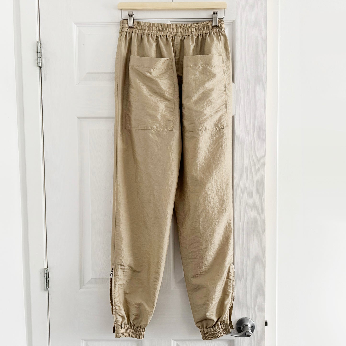 Tibi "Kat" Nylon Jogger in Beige/Gold, fits like size XS/S