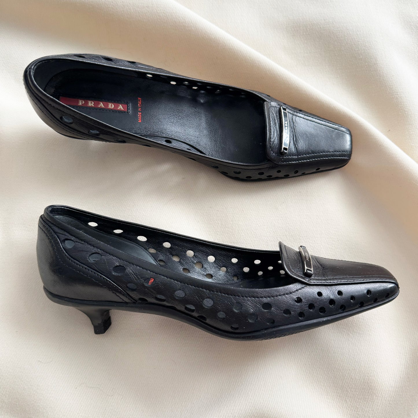 Vintage Prada Perforated Leather Kitten Heel Pumps in Black, size 35