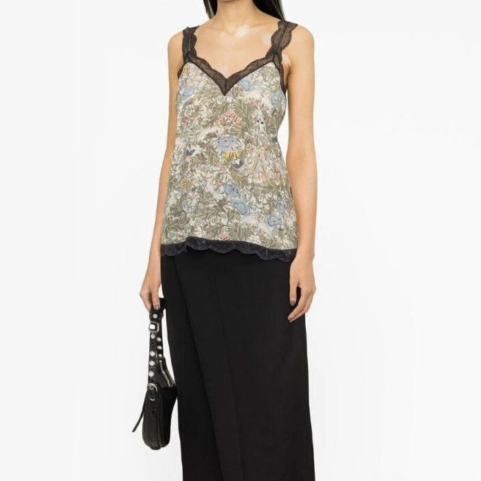 Zadig&Voltaire Floral-print Lace-trim Camisole Top In Kaki, size XS