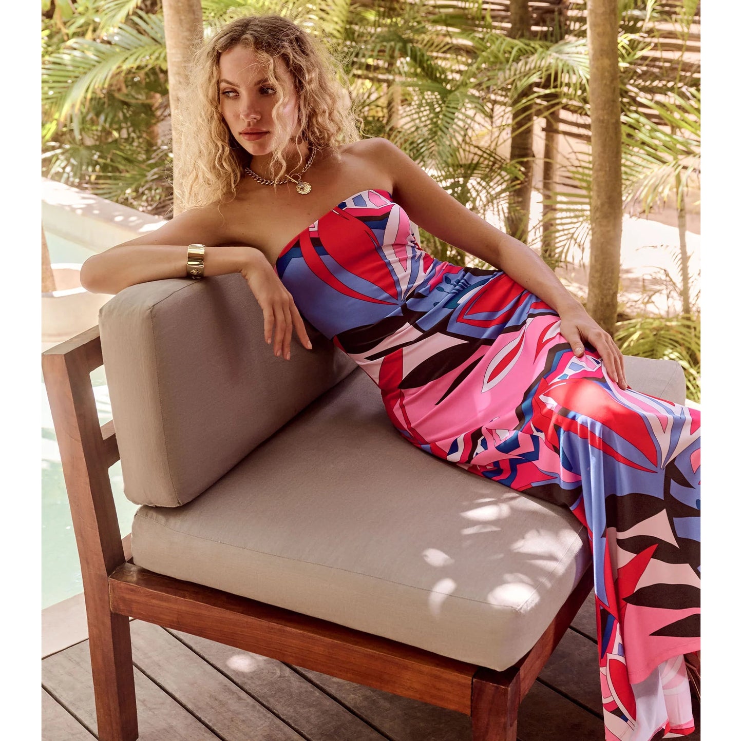 Ramy Brook "Bernarda" Jersey Strapless Maxi Dress in Rosa Multicolour, size Small