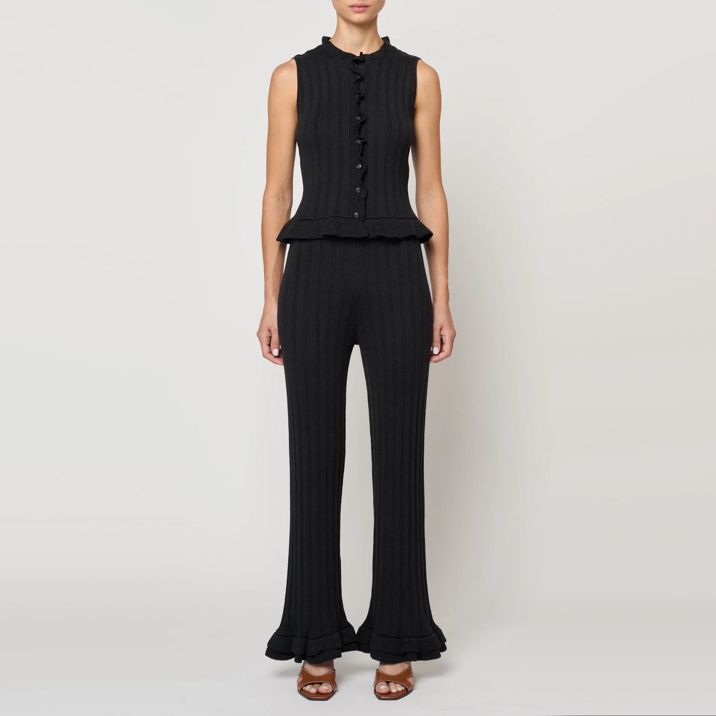 Atelier Delphine Pointelle Ruffle Knit Pant in Black, size Small