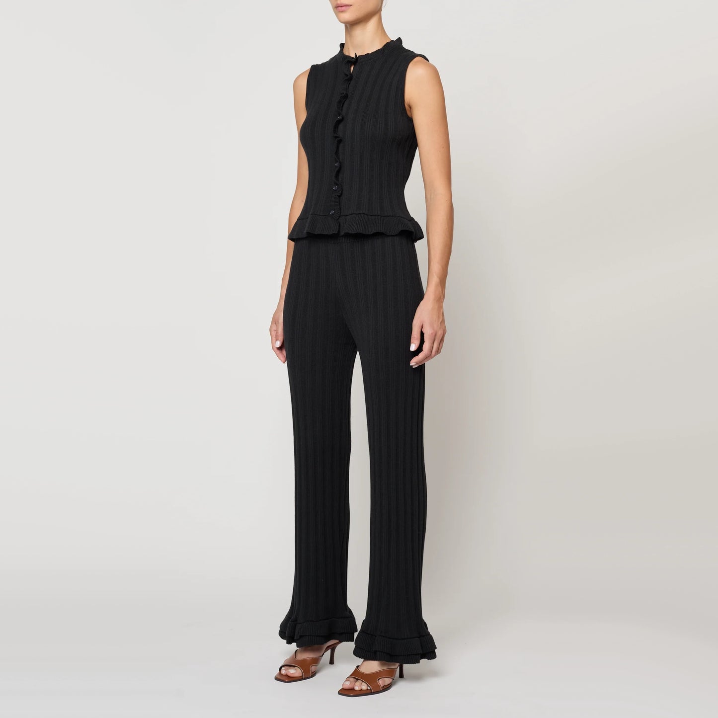 Atelier Delphine Pointelle Ruffle Knit Pant in Black, size Small