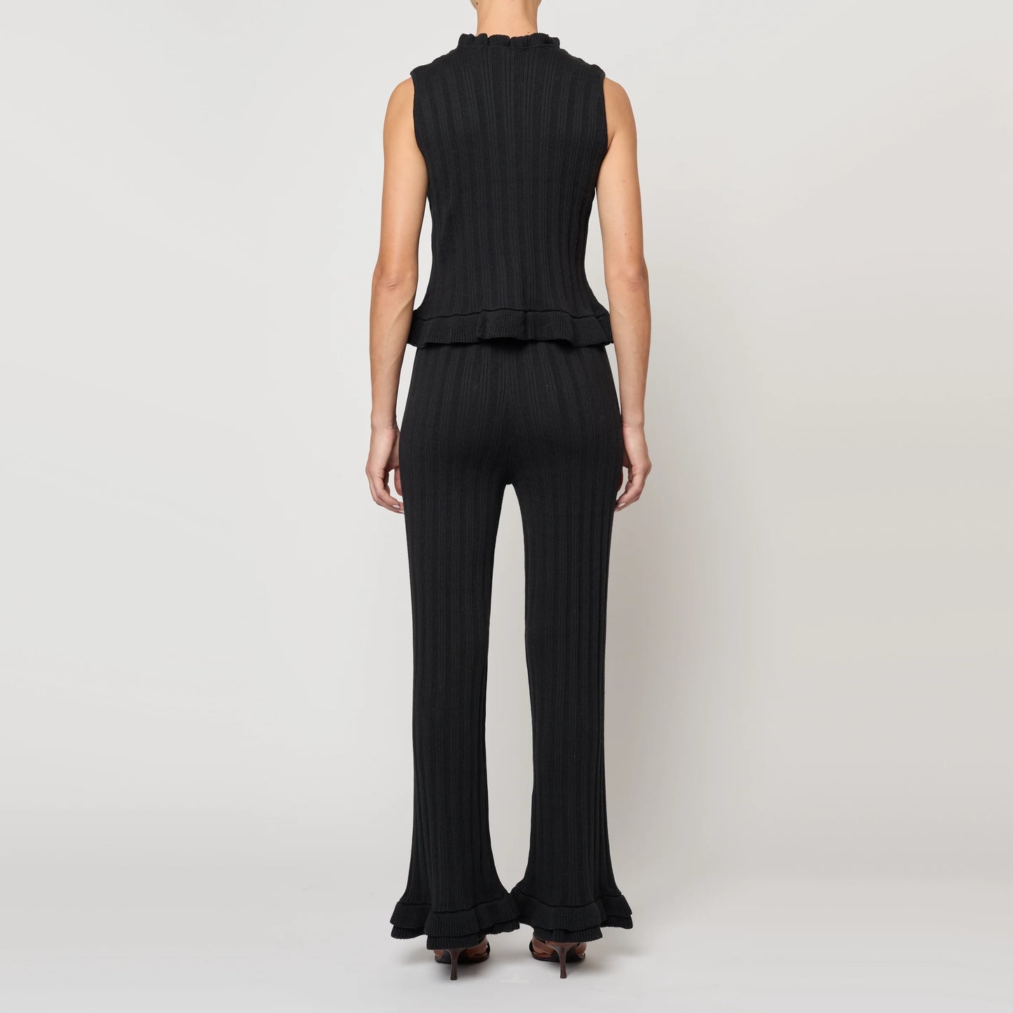 Atelier Delphine Pointelle Ruffle Knit Pant in Black, size Small