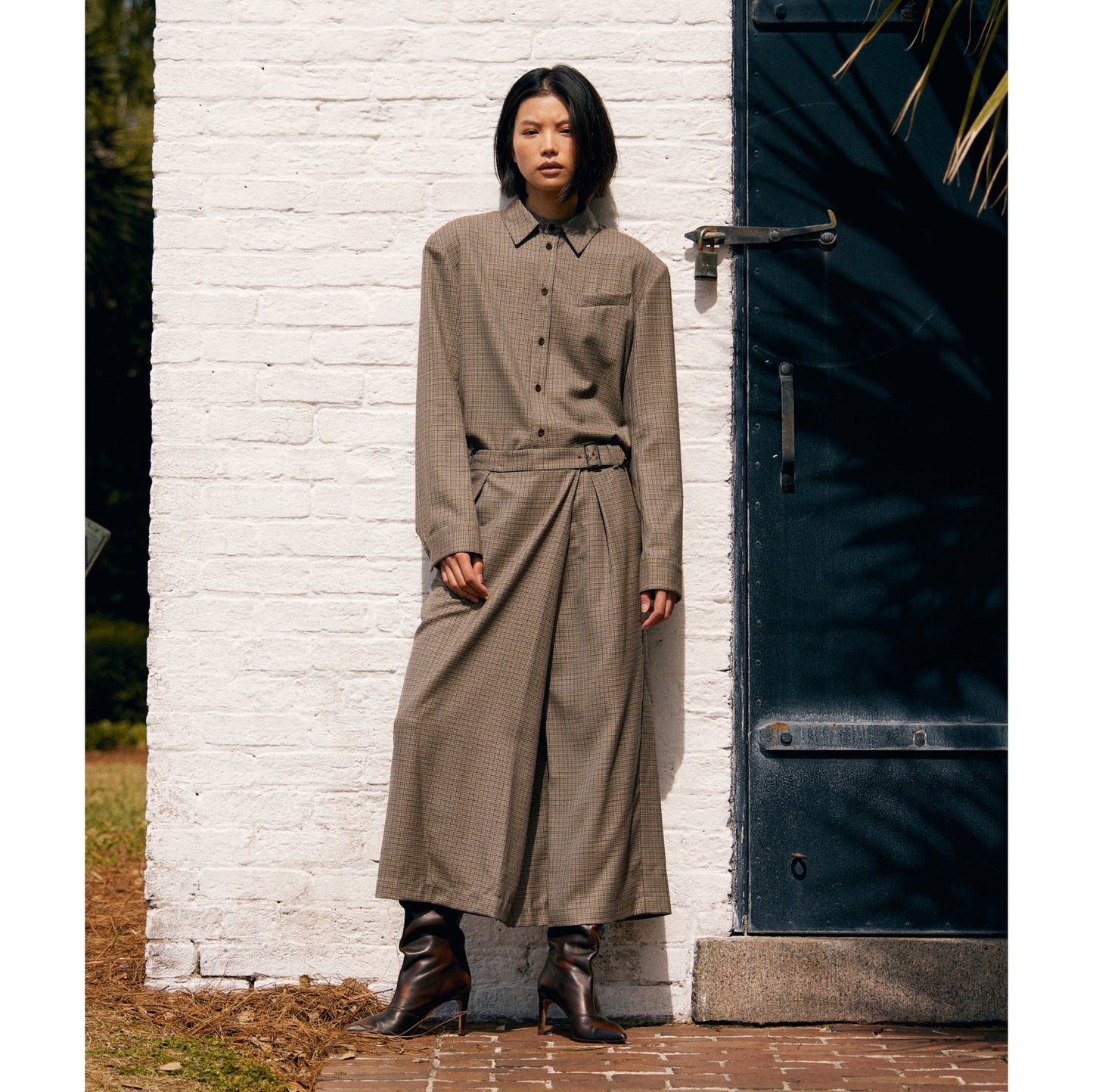 Tibi Thomas Menswear Check Wrap Culotte in Tan/Brown, size 8