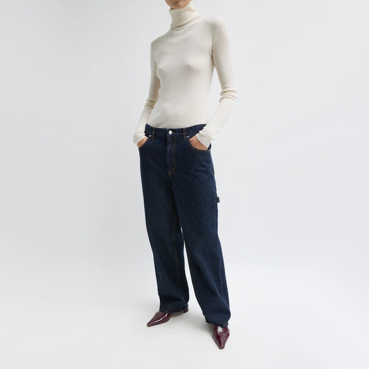 Tibi Indigo Denim Slouchy Carpenter Jean in Dark Denim, size 32