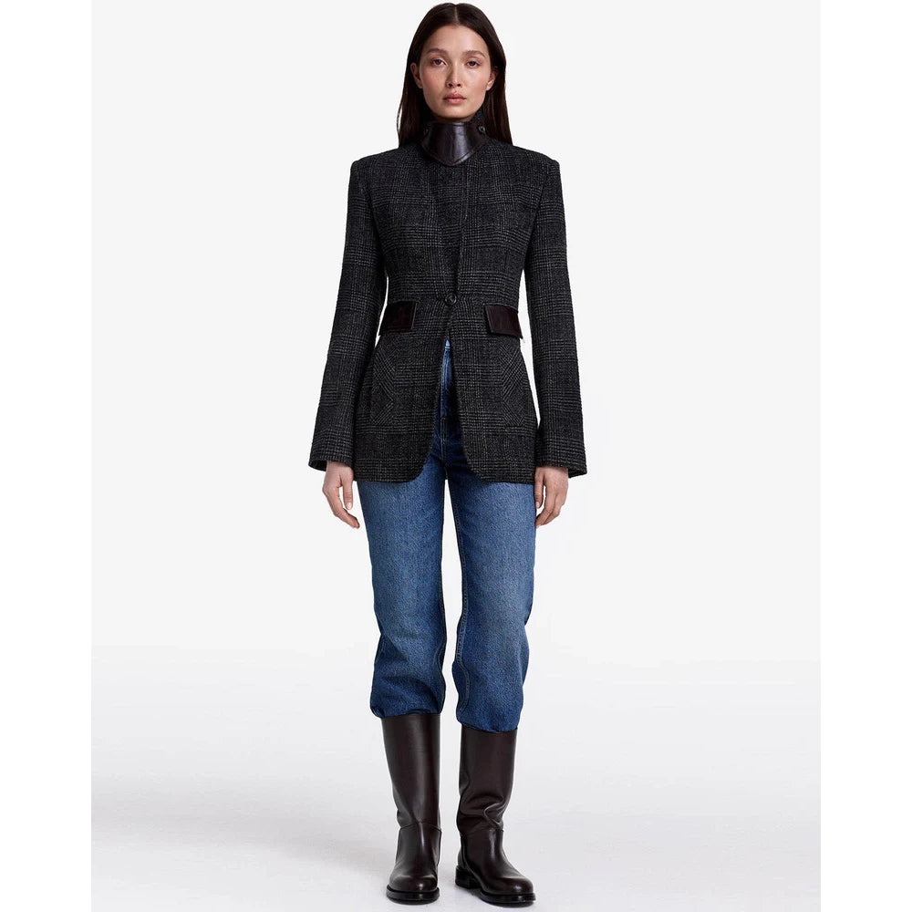 Smythe Tailored Boyfriend Blazer in Charcoal Grey Check, size 6