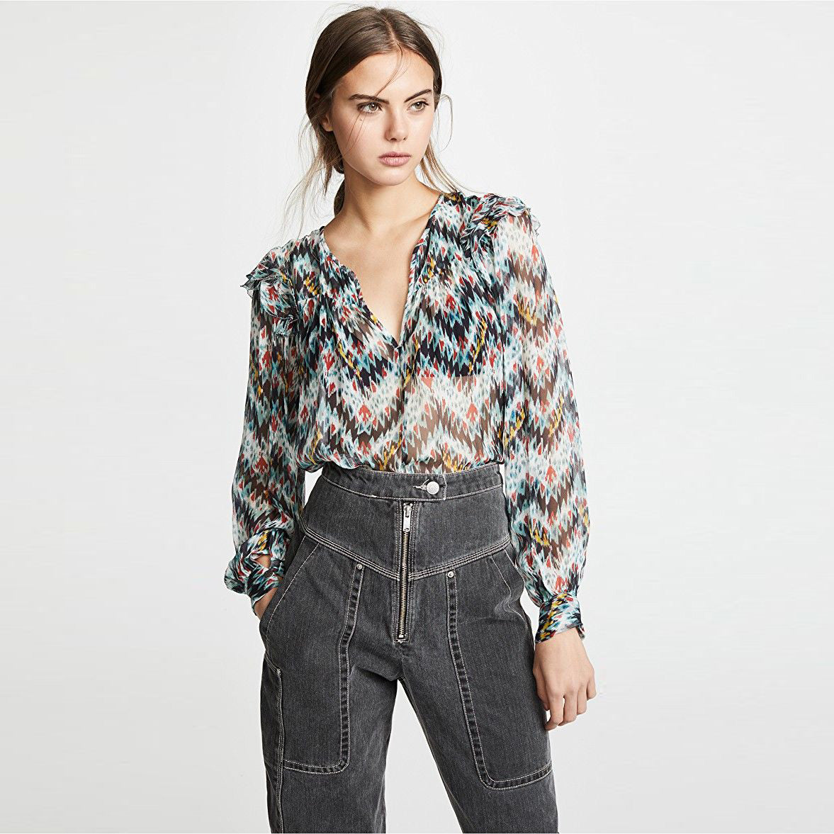 Isabel Marant Etoile Turqouise Ikta Print Silk Chemisier à manches longues, taille 44