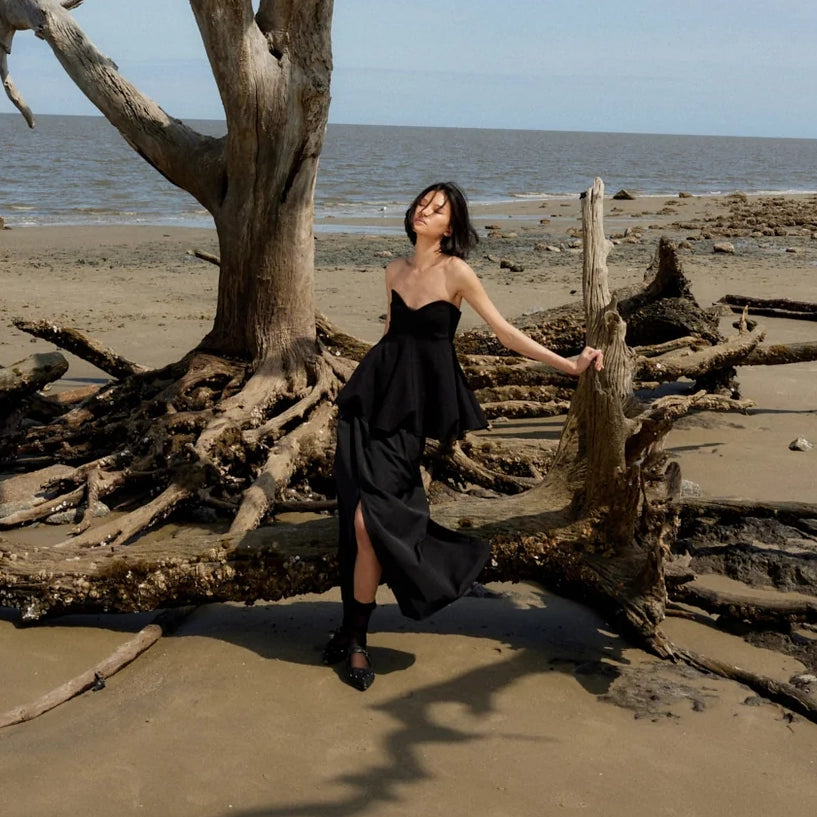 Tibi Melee Crepe Strapless Top in Black, size 6