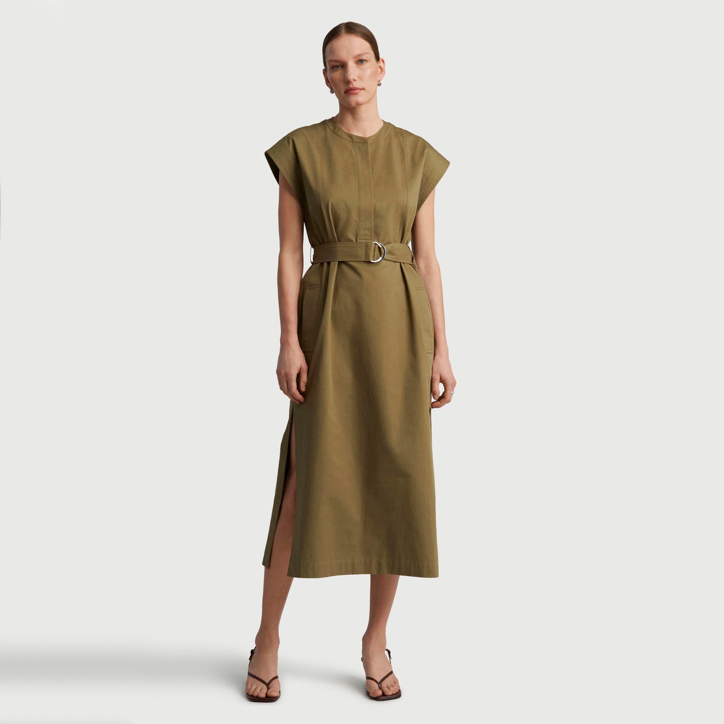 Argenta Belted Cap-Sleeve Cotton Twill Midi Shirtdress in Mushroom, Size Small