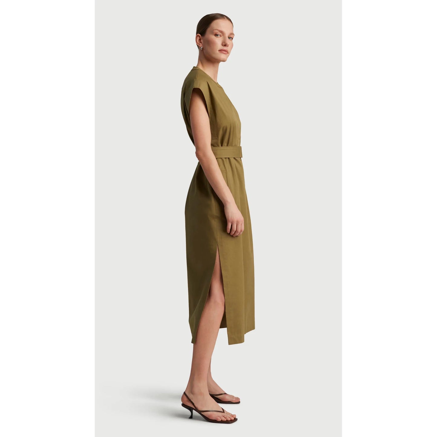 Argenta Belted Cap-Sleeve Cotton Twill Midi Shirtdress in Mushroom, Size Small