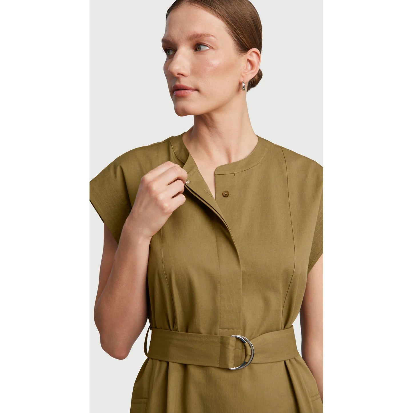 Argenta Belted Cap-Sleeve Cotton Twill Midi Shirtdress in Mushroom, Size Small