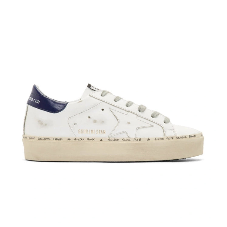 Golden Goose Hi-Star Sneaker in White w Navy Patch, size 36