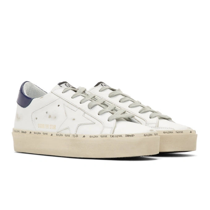 Golden Goose Hi-Star Sneaker in White w Navy Patch, size 36