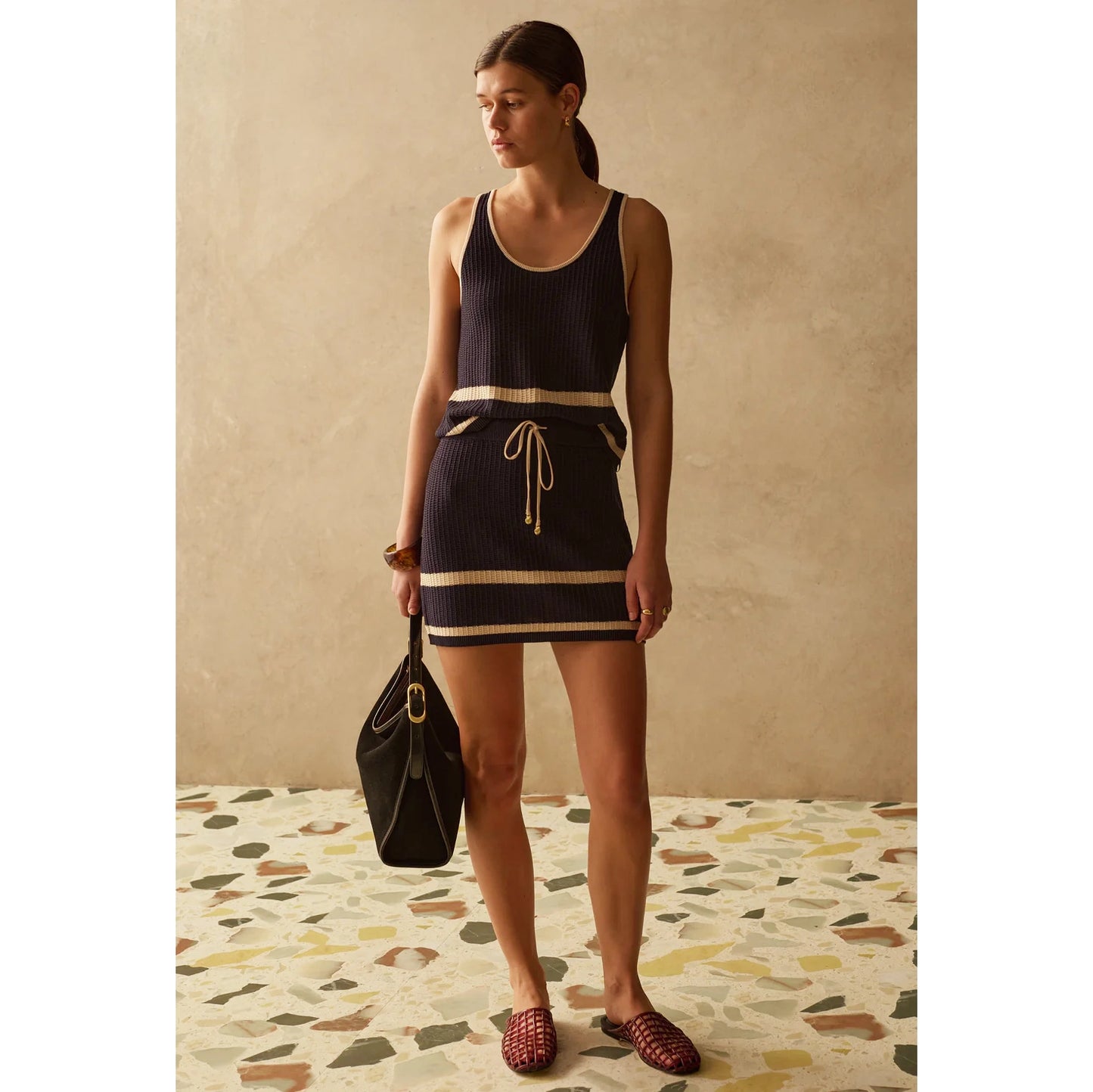 Sancia Australia Knit Skirt and Tank Set in Navy/Ivory Stripe, size S/M