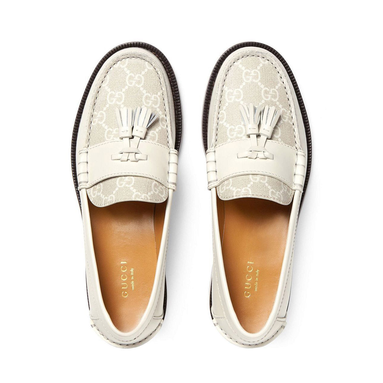 Gucci Leather and Jacquard Tassle Loafers in Ivory, size 38