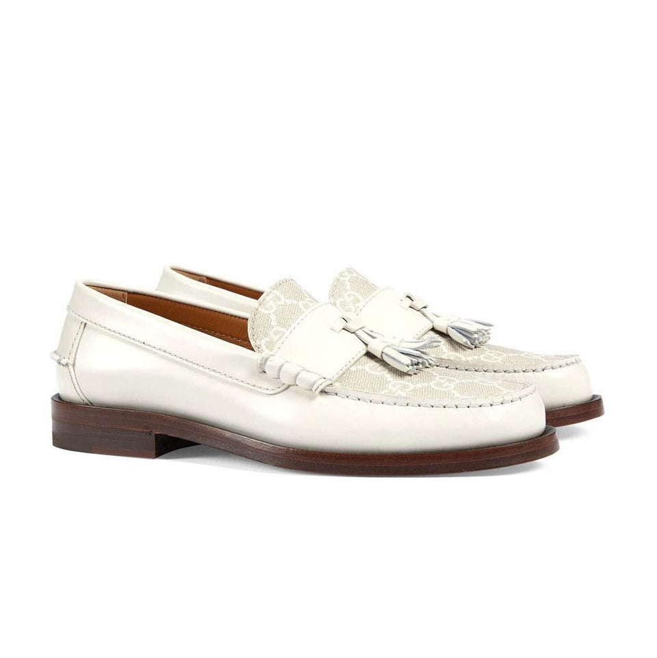 Gucci Leather and Jacquard Tassle Loafers in Ivory, size 38