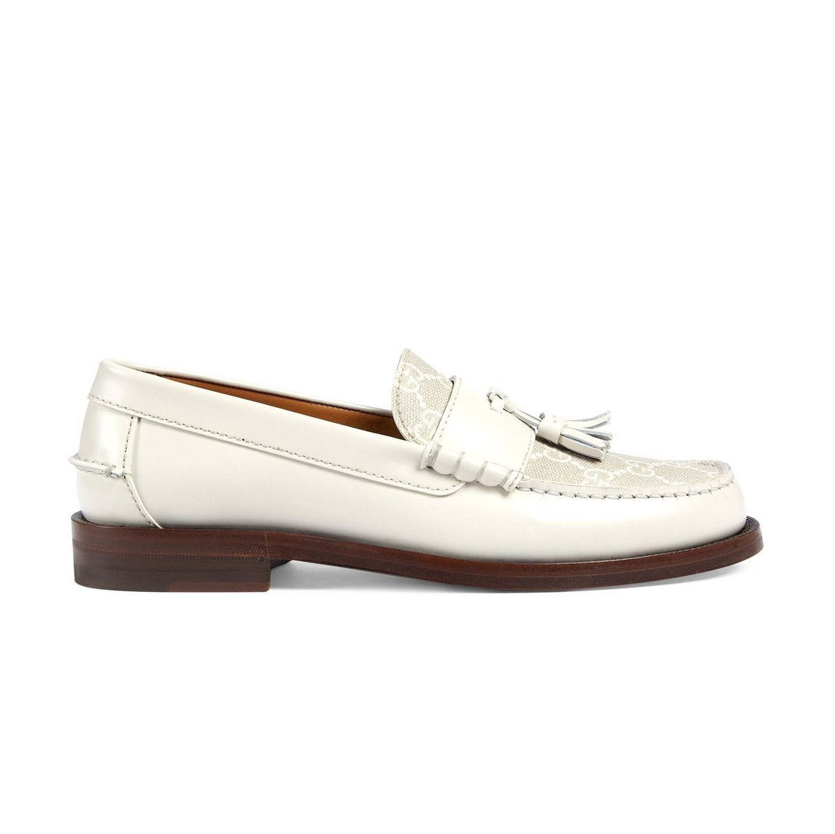 Gucci Leather and Jacquard Tassle Loafers in Ivory, size 38