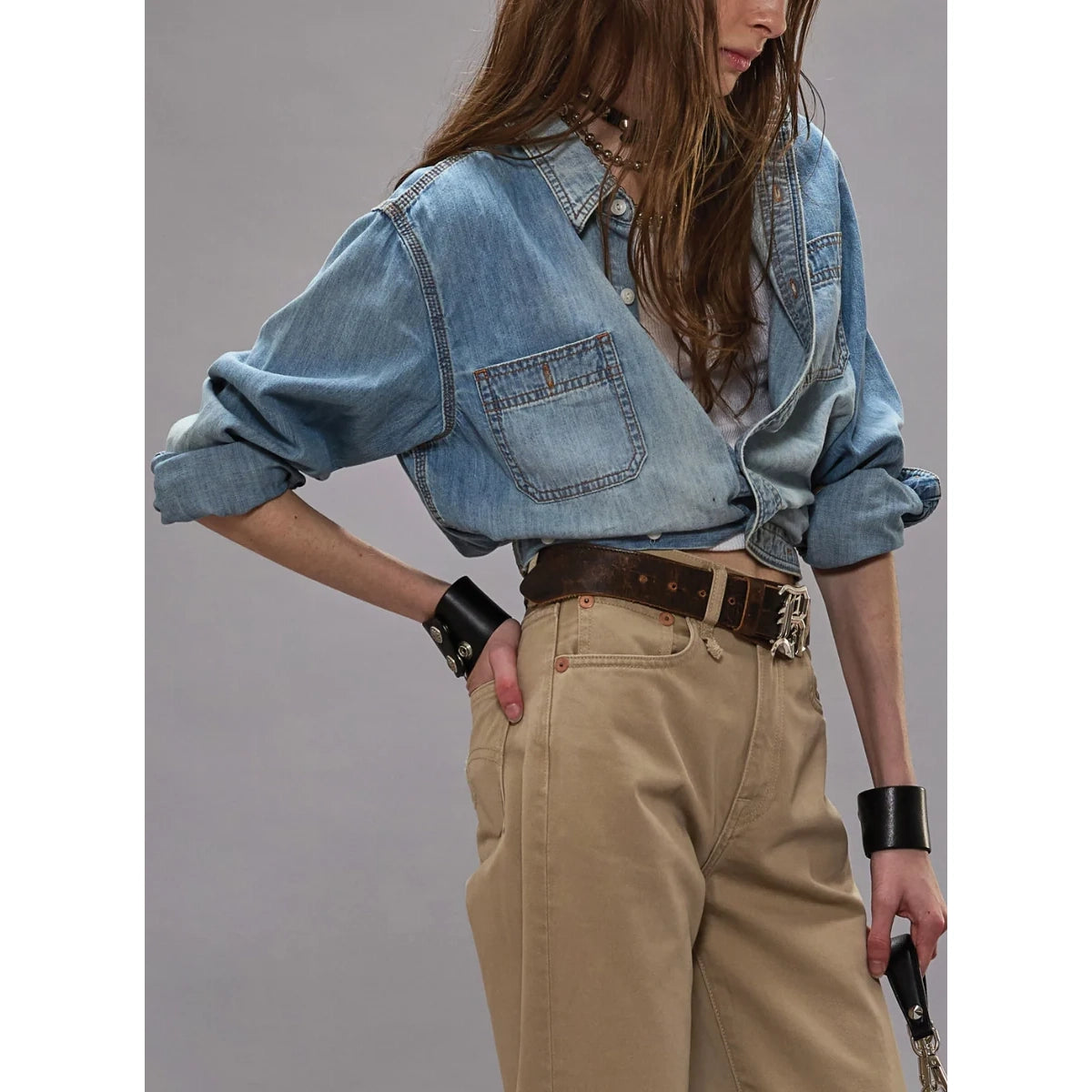 R13 Wrap Around Denim Work Shirt in "River Blue", size XS