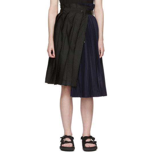 Sacai Combo Navy/Pinstripe Pleated Wrap Skirt, size "2" (fits size XS/S)