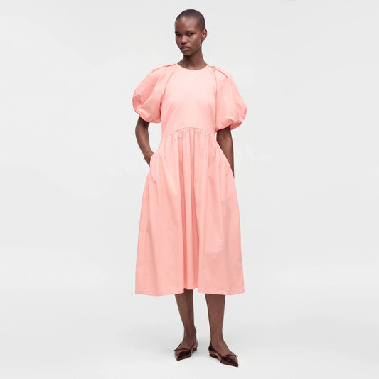 Stine Goya Gathered Raglan Sleeve Midi Dress with Ballerina Embroidery in Pink, size Small