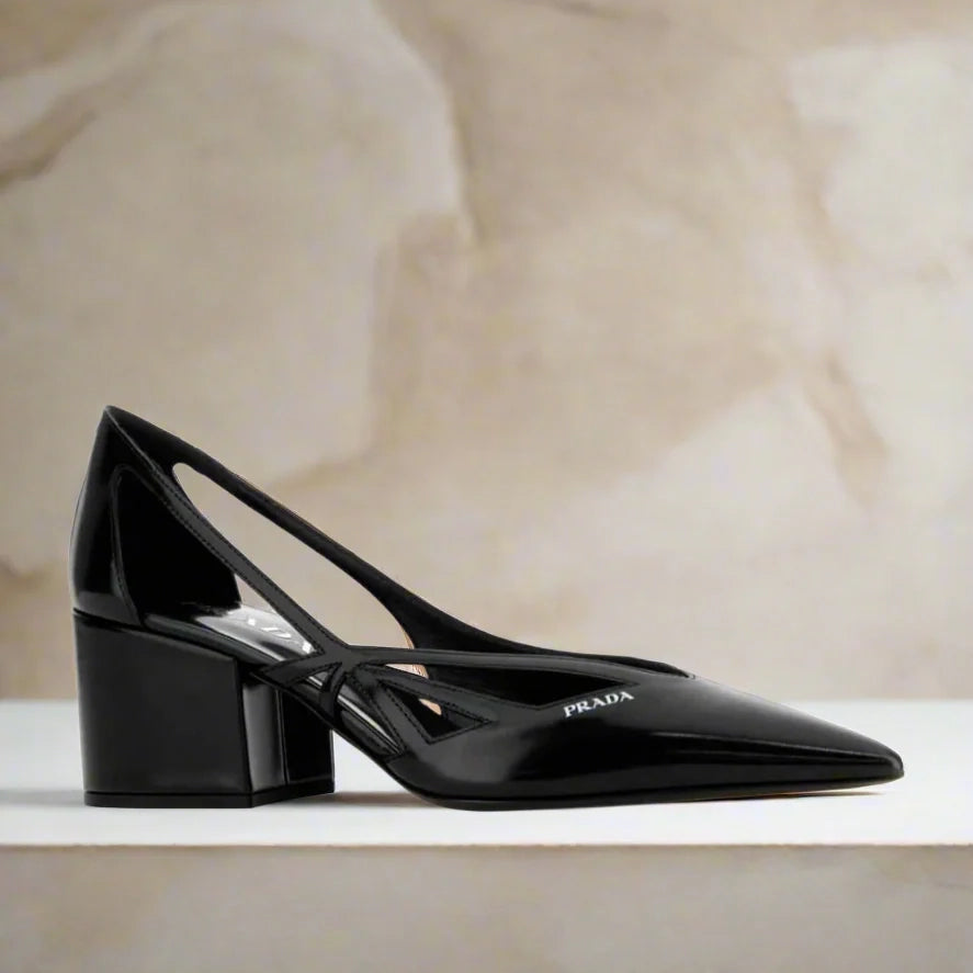 Prada 55mm Cutout Brushed Leather Pumps in Black, size 40