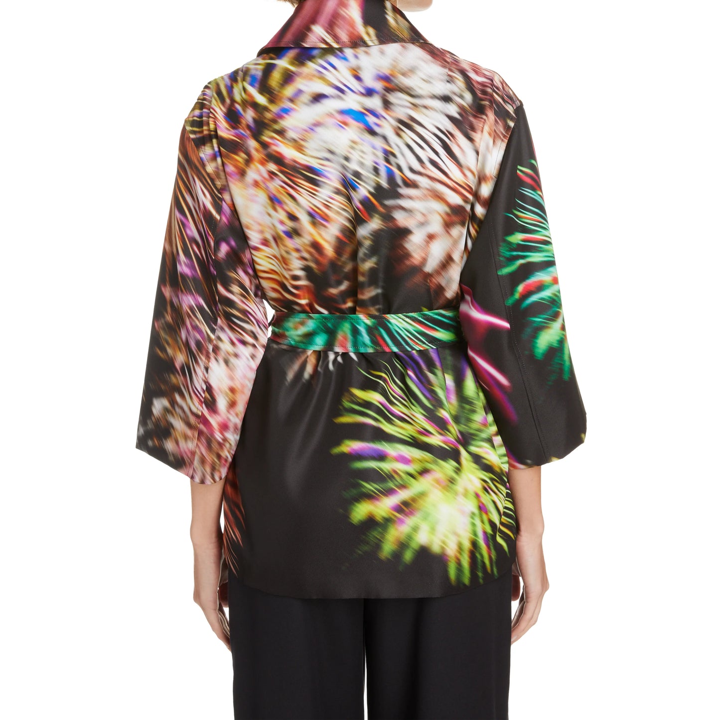 Dries Van Noten "Ramblas" Fireworks Print Belted Jacket, size 34