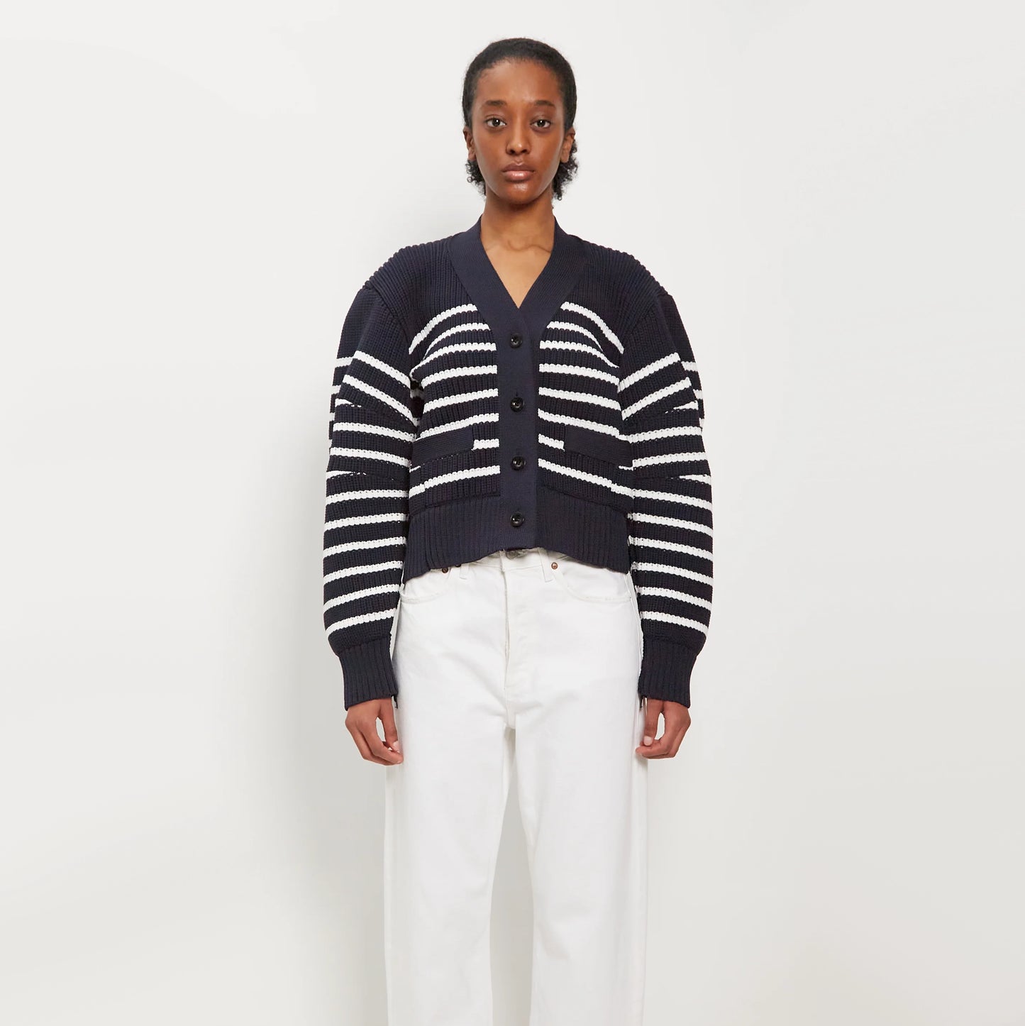 Sacai Horizontal Stripe Knit Cardigan in Navy, size Small