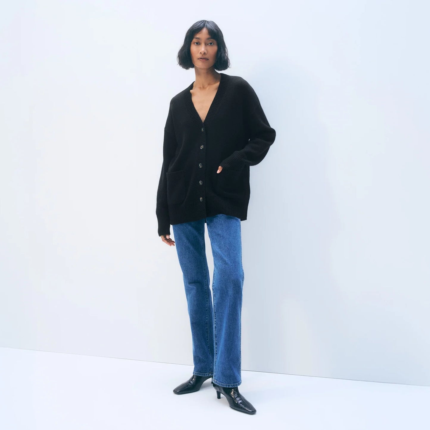 White + Warren Luxe Pocket Cashmere Sweater in "Black", Size Medium