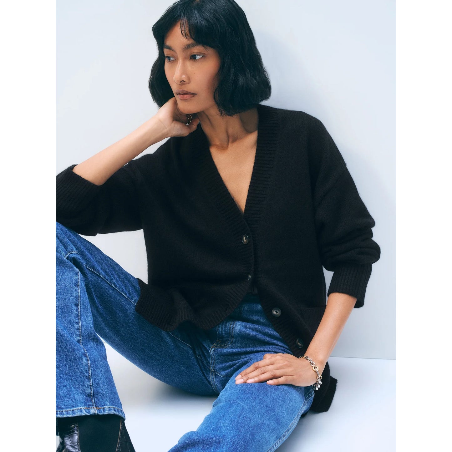 White + Warren Luxe Pocket Cashmere Sweater in "Black", Size Medium